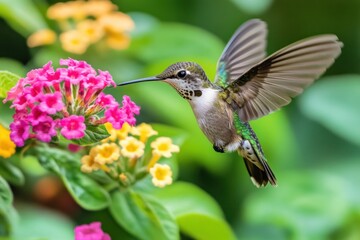 Fototapeta premium Hummingbird feeding on vibrant flowers.