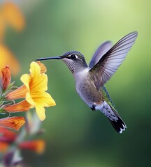 Fototapeta premium Hummingbird feeding on yellow flower.
