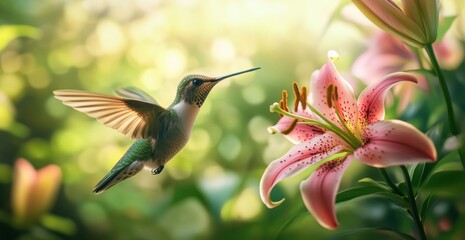Fototapeta premium Hummingbird hovering near a pink lily in a sunlit garden.