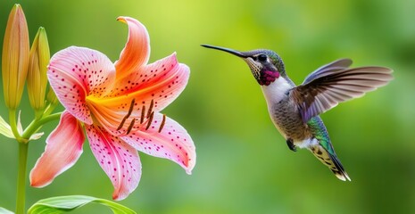 Naklejka premium Hummingbird hovering near a pink lily flower.