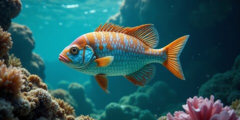 Fototapeta premium Vibrant Reef Fish with Orange and Blue Scales Swimming Gracefully Amidst Coral