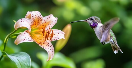 Hummingbird hovering near a speckled lily.