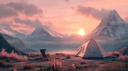 A dreamlike camping setup with a tent and foldable chair facing breathtaking mountain scenery at sunset.