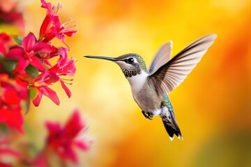 Fototapeta premium Hummingbird hovering near red flowers.