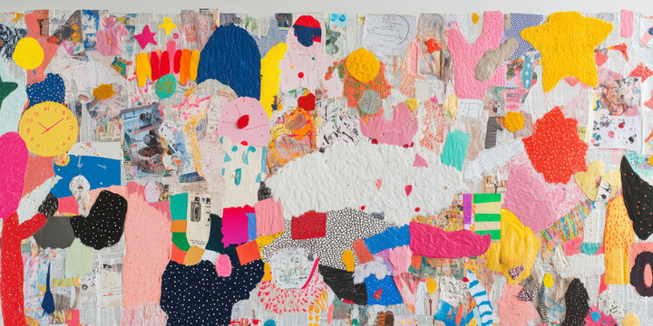 Colorful abstract collage artwork featuring various textures and shapes, including stars, clocks, and playful patterns. vibrant composition evokes creativity and joy