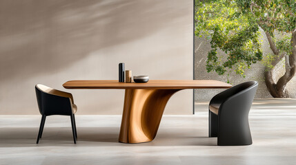 Modern wooden dining table with stylish chairs in bright room