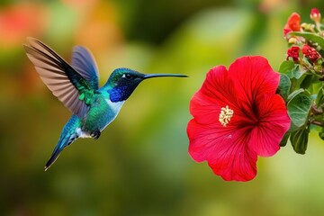 Fototapeta premium Hummingbird in flight approaching a red hibiscus flower.