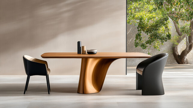 Modern wooden dining table with stylish chairs in bright room
