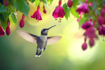 Fototapeta premium Hummingbird in flight feeding from fuchsia flowers.