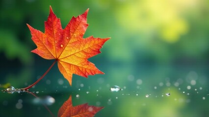 Fototapeta premium Autumnal Leaf Floating on Still Water, Reflecting Serenity and the Beauty of Nature's Tranquil Moments