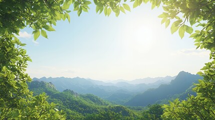 Obraz premium Bright Sunlight Over Lush Green Mountain Landscape Framed By Leaves