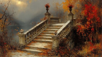 Autumnal stone steps bridge over lake, tranquil landscape painting