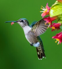Naklejka premium Hummingbird in flight feeding from pink flowers.