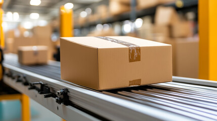 cardboard box on conveyor belt in warehouse setting, showcasing logistics and shipping processes. scene conveys efficiency and organization in package handling