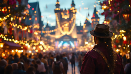 Enchanting Festive Promenade: A person stands amidst a bustling crowd, observing the vibrant street, adorned with enchanting lights that lead to a historical building.