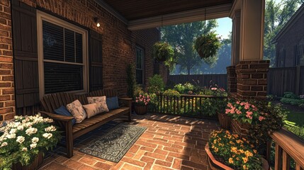 Obraz premium Sunny porch with wooden furniture and flowers