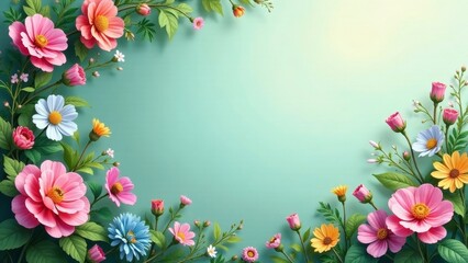 A vibrant springtime floral arrangement showcasing a delightful collection of blossoms, creating a cheerful and festive border on a serene teal background.