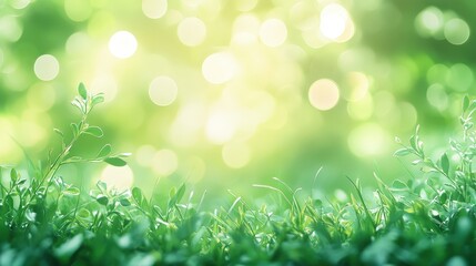 Obraz premium Vibrant green grass dances in sunlight, casting a gentle glow on the meadow. The blurred emerald backdrop enhances nature's serene beauty