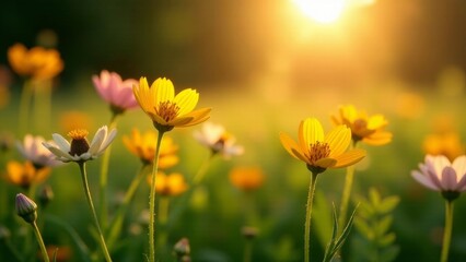 Obraz premium Golden Hour Meadow Delicate Yellow and White Blossoms Basking in the Warm Sunset Glow