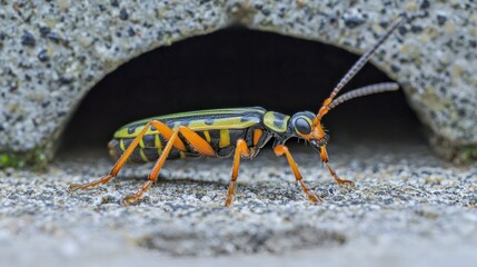Colorful Insect Crawling Near Rock Cavity in Urban Environment
