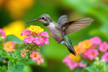 Obraz premium Hummingbird in flight feeding on colorful flowers.
