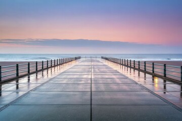 Obraz premium A serene seaside boardwalk at dawn, with clean lines, pastel skies, and reflective wet pavement that creates a peaceful ambiance.