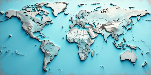 A textured world map showing embossed continents and countries on a light blue background.