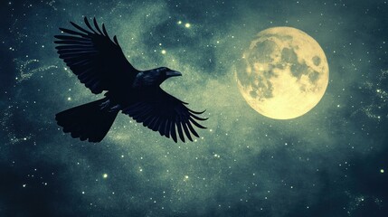 Obraz premium A powerful black crow soaring through the night sky, silhouetted against a glowing full moon with stars twinkling.