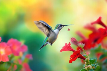 Fototapeta premium Hummingbird in flight, feeding on nectar from vibrant flowers.