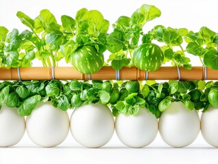 Fresh Green Plants Growing in Eggshells Supported by Bamboo