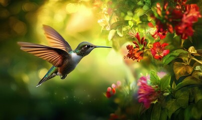 Naklejka premium Hummingbird in flight, feeding on nectar from vibrant flowers in a lush garden.