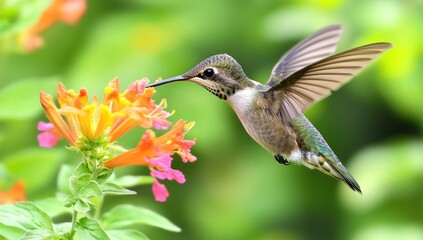 Naklejka premium Hummingbird in flight, feeding on orange flowers.