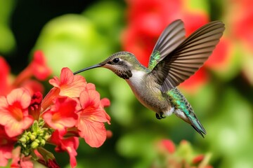 Fototapeta premium Hummingbird in flight feeding on orange flowers.