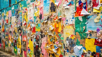 Fototapeta premium Bright Abstract Wall Texture with Torn Poster Fragments & Urban Graffiti