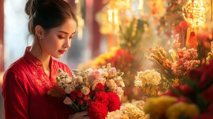 Naklejka premium Woman in Red Dress Holding Beautiful Flowers