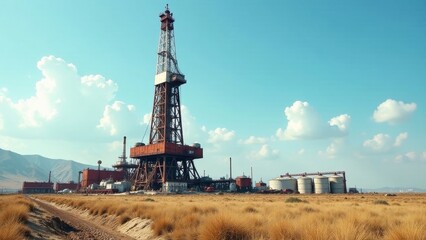Land-based oil drilling rig in a dry, grassy field under a partly cloudy sky