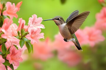 Fototapeta premium Hummingbird in flight feeding on pink azalea blossoms.