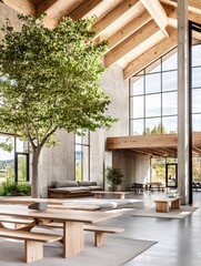 Fototapeta premium Modern Minimalist Interior Design with Large Windows and Indoor Tree.