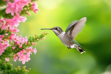 Naklejka premium Hummingbird in flight feeding on pink flowers. (2)