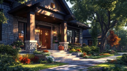 Sunny Suburban Home Front Porch