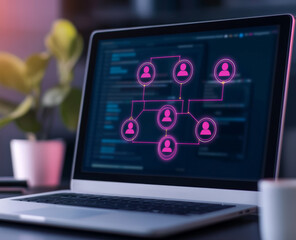 Fototapeta premium Pink Network Diagram on Laptop Screen Dark Background