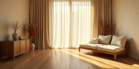 Serene living room interior design showcasing minimalist aesthetic with sunlight streaming through sheer curtains, illuminating a light colored couch and wooden sideboard with simple decor