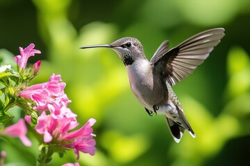 Naklejka premium Hummingbird in flight, feeding on pink flowers.