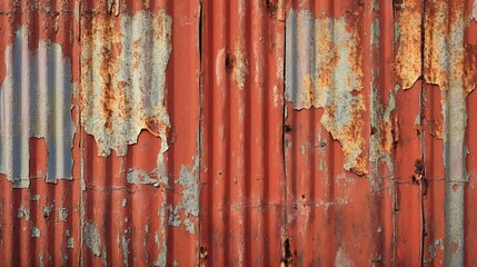 Weathered Red Corrugated Metal Texture Rusted and Peeling Paint Background