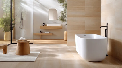 Fototapeta premium Modern bathroom design features freestanding tub, wooden accents, and natural light. serene atmosphere is enhanced by neutral tones and greenery, creating relaxing space