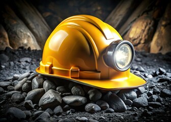 Coal Miner's Safety Helmet with Headlamp - Dark Mine Shaft Background