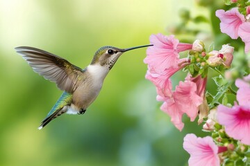 Fototapeta premium Hummingbird in flight feeding on pink flowers.