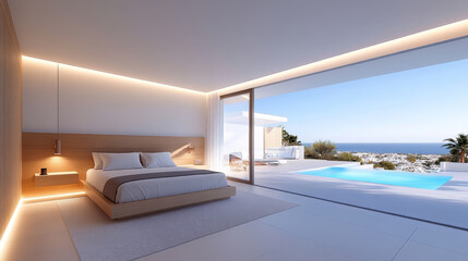 Modern bedroom with view of pool and ocean