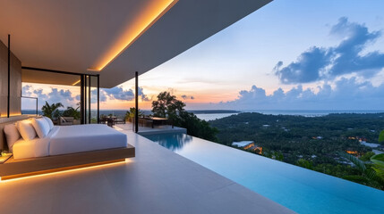 Fototapeta premium Luxurious villa with infinity pool overlooking sunset view, tropical landscape, modern architecture, serene atmosphere, and elegant design