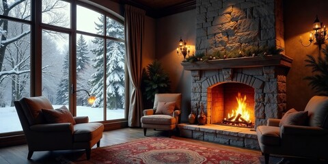 Cozy Winter Fireplace Scene with Snow Covered Landscape Viewed Through Large Window
